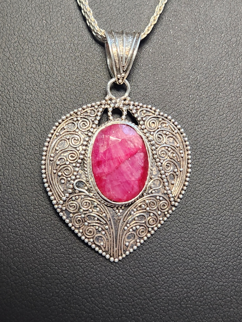 VTG Ruby Filigree Pendant On 32" Woven Italy 925 Necklace